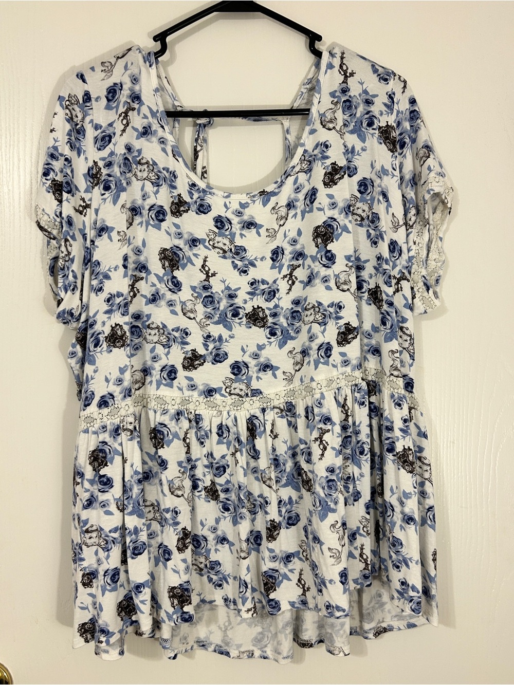 Floral Scoop Neck Peplum Blouse - Blue/White